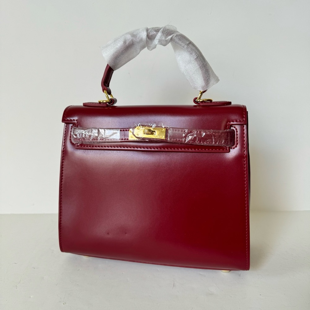Elegant Burgundy Top-Handle Satchel Smooth Box Type Leather